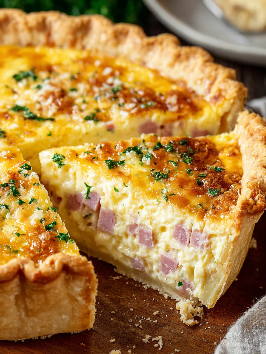 A slice of delicious ham and cheese quiche.