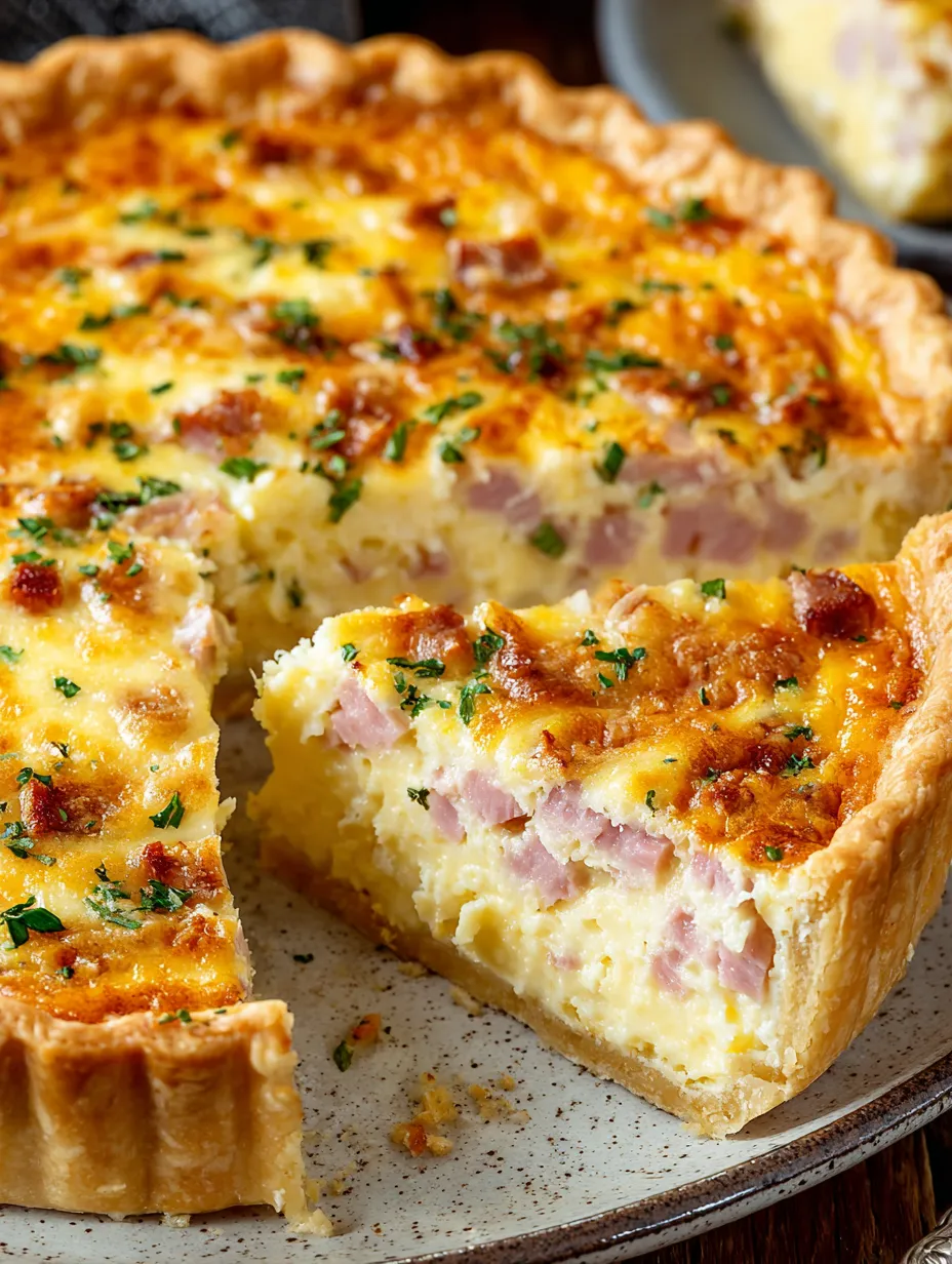 A slice of delicious ham and cheese quiche.
