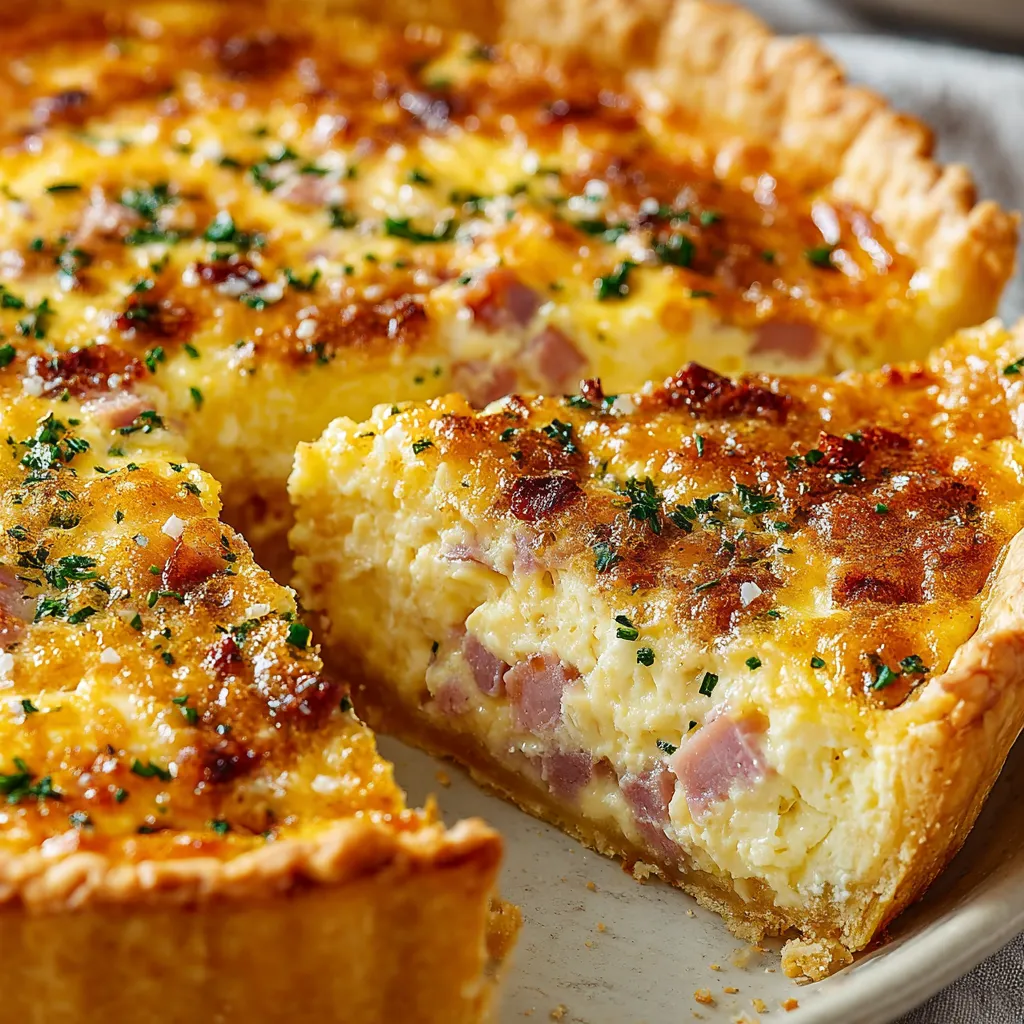 A slice of delicious ham and cheese quiche.