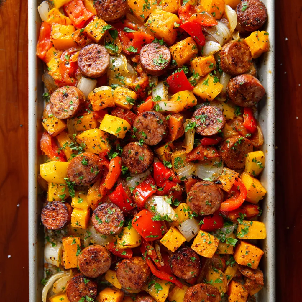 A pan of sausage, peppers and butternut squash.