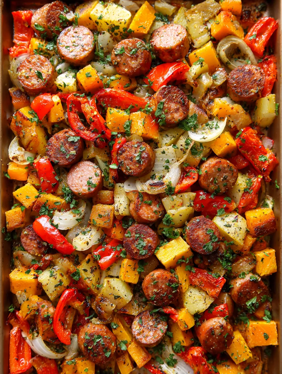A dish of sausage, peppers and butternut squash.