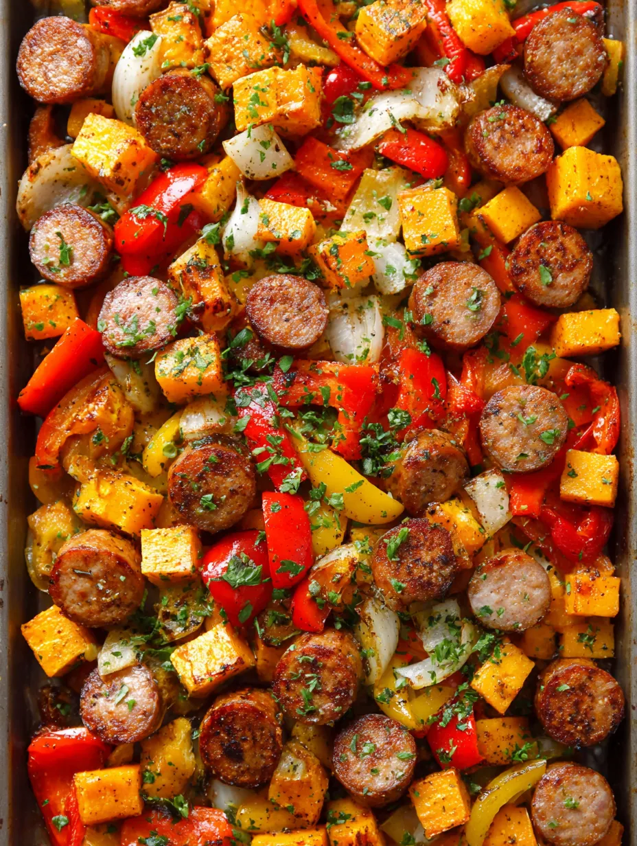 A delicious sausage, peppers and butternut squash dinner.