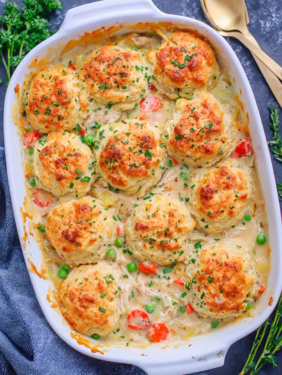 A dish of chicken pot pie with cheddar chive biscuits.