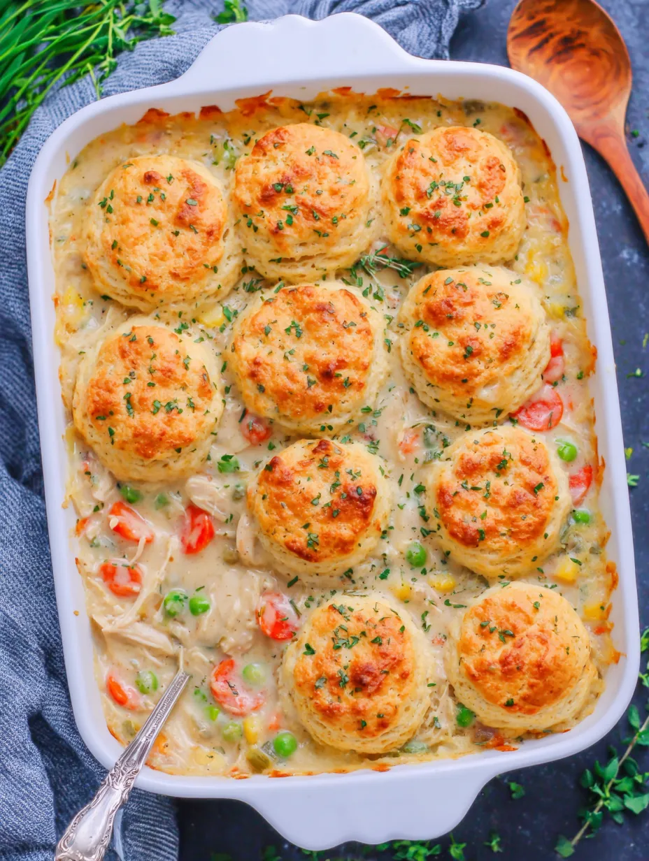 A dish of chicken pot pie with cheddar chive biscuits.