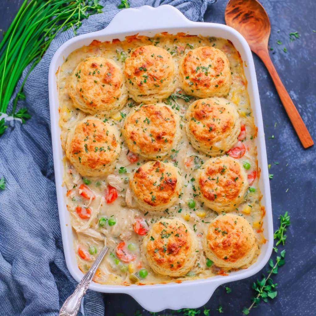 A dish of chicken pot pie with cheddar chive biscuits.