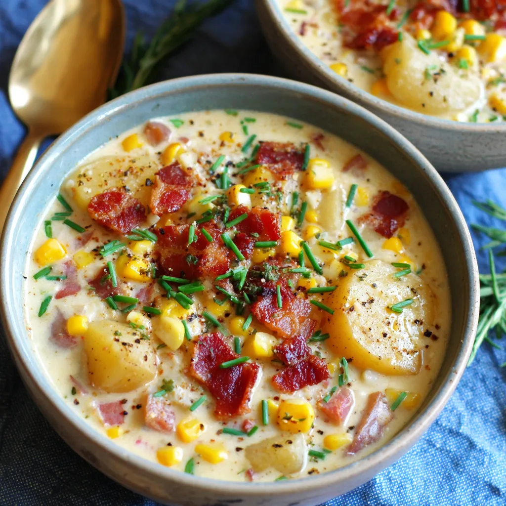 A bowl of creamy corn chowder with bacon.