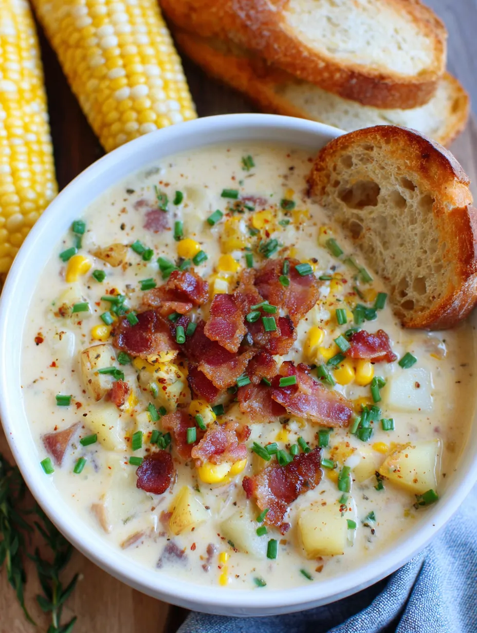 A bowl of creamy corn chowder with bacon.