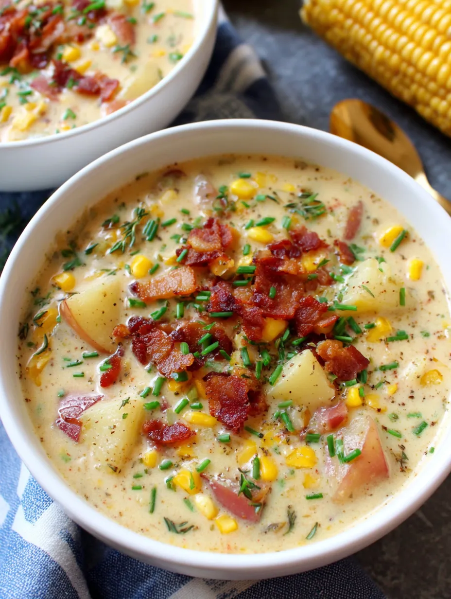 A bowl of creamy corn chowder with bacon.