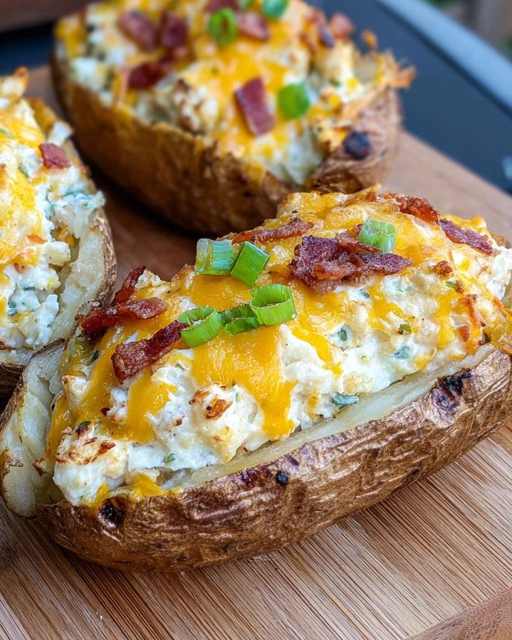 Twice baked potatoes with cheese and bacon.