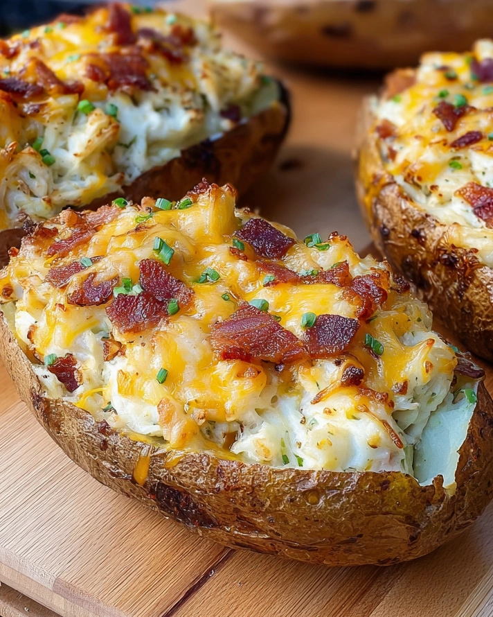Twice baked potatoes with cheese and bacon.