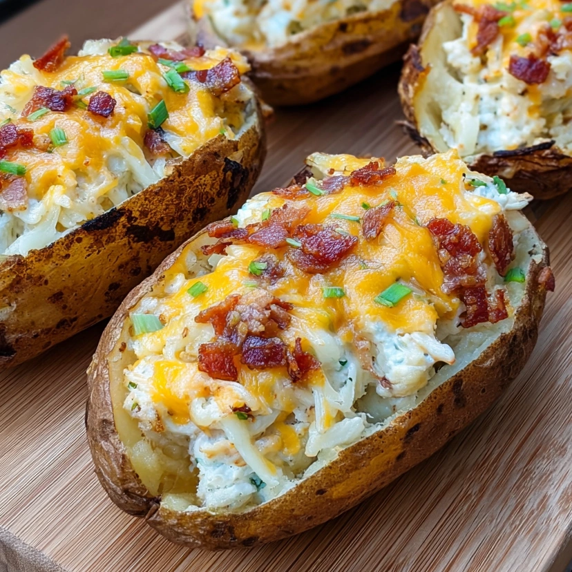 Twice baked potatoes with bacon and cheese.