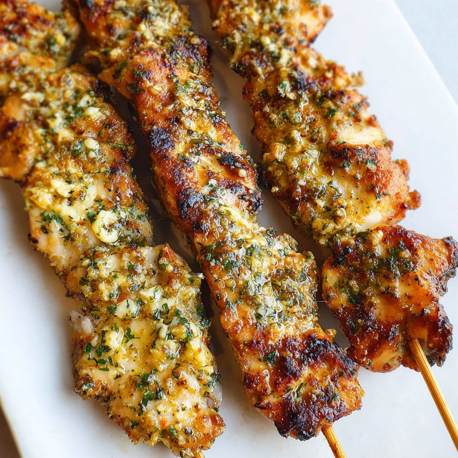 Chicken skewers with a garlic and Parmesan seasoning.