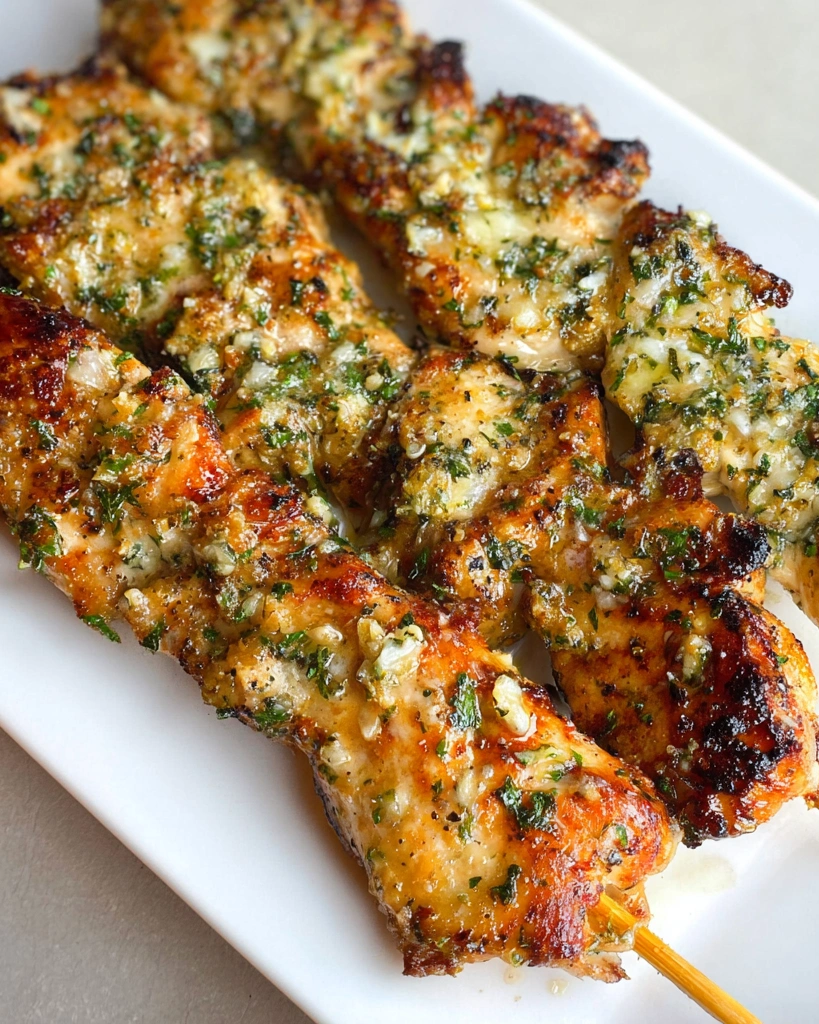 A plate of chicken skewers with a garlic and Parmesan seasoning.