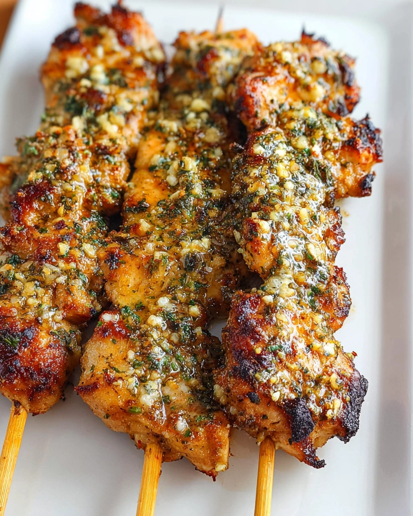 Chicken skewers with garlic and Parmesan.