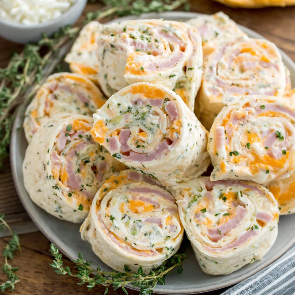 A plate of ham and cheese tortilla roll ups.