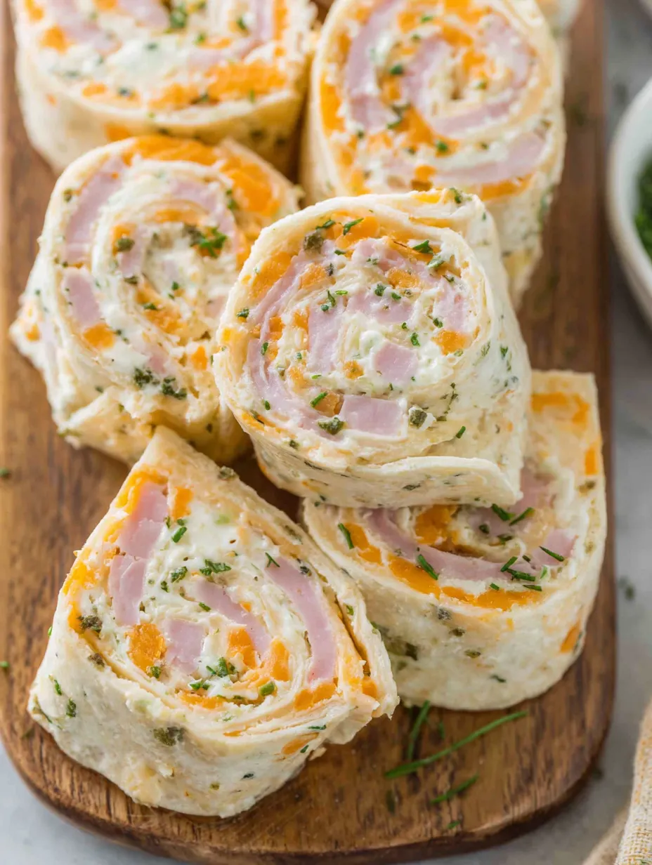 A plate of ham and cheese tortilla roll ups.