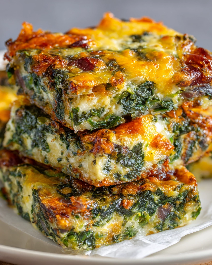 Bacon Cheddar Spinach Squares stacked on a plate.