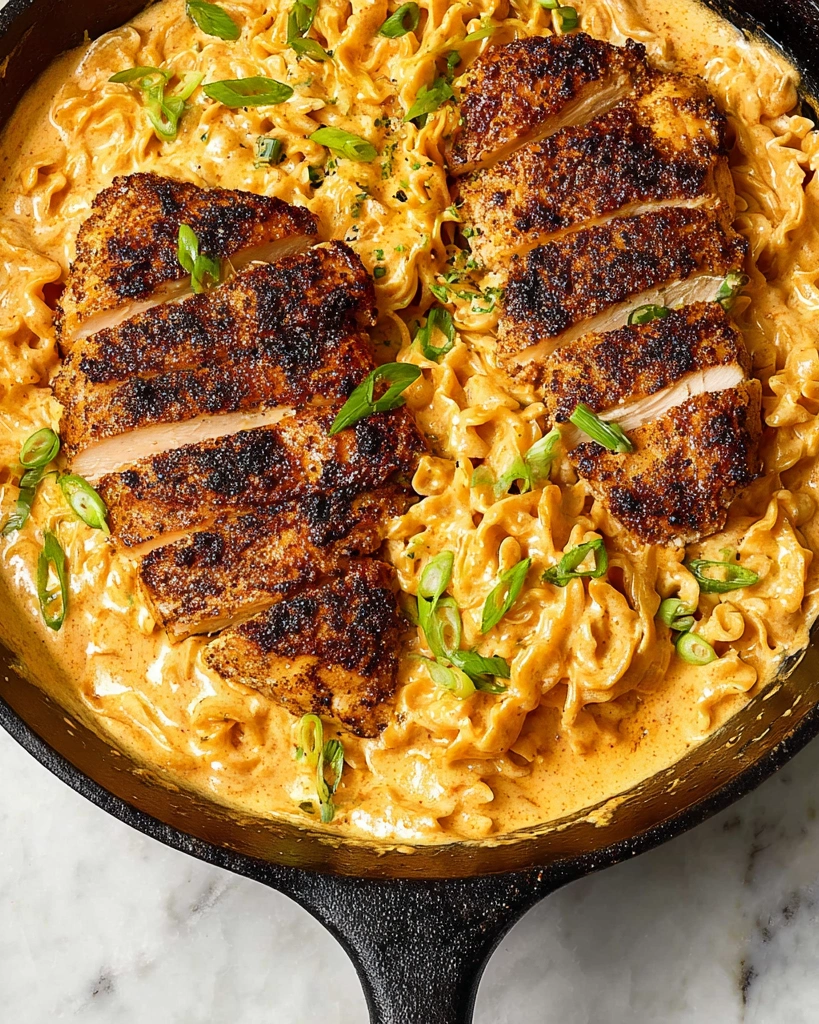 A close up of a dish with chicken and noodles.