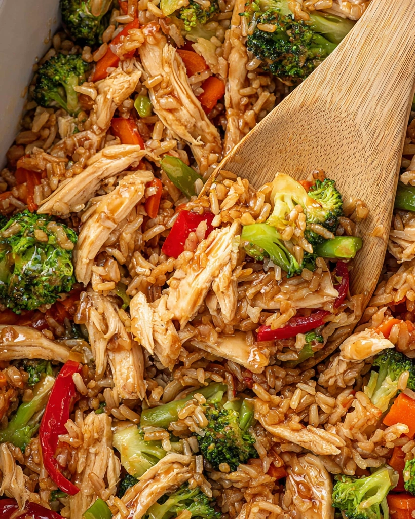 A close up of a dish with rice, chicken, and broccoli.