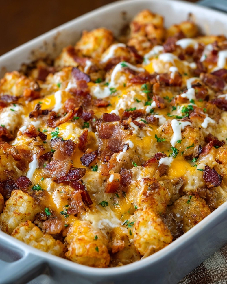 A dish of chicken bacon ranch tater tot casserole.