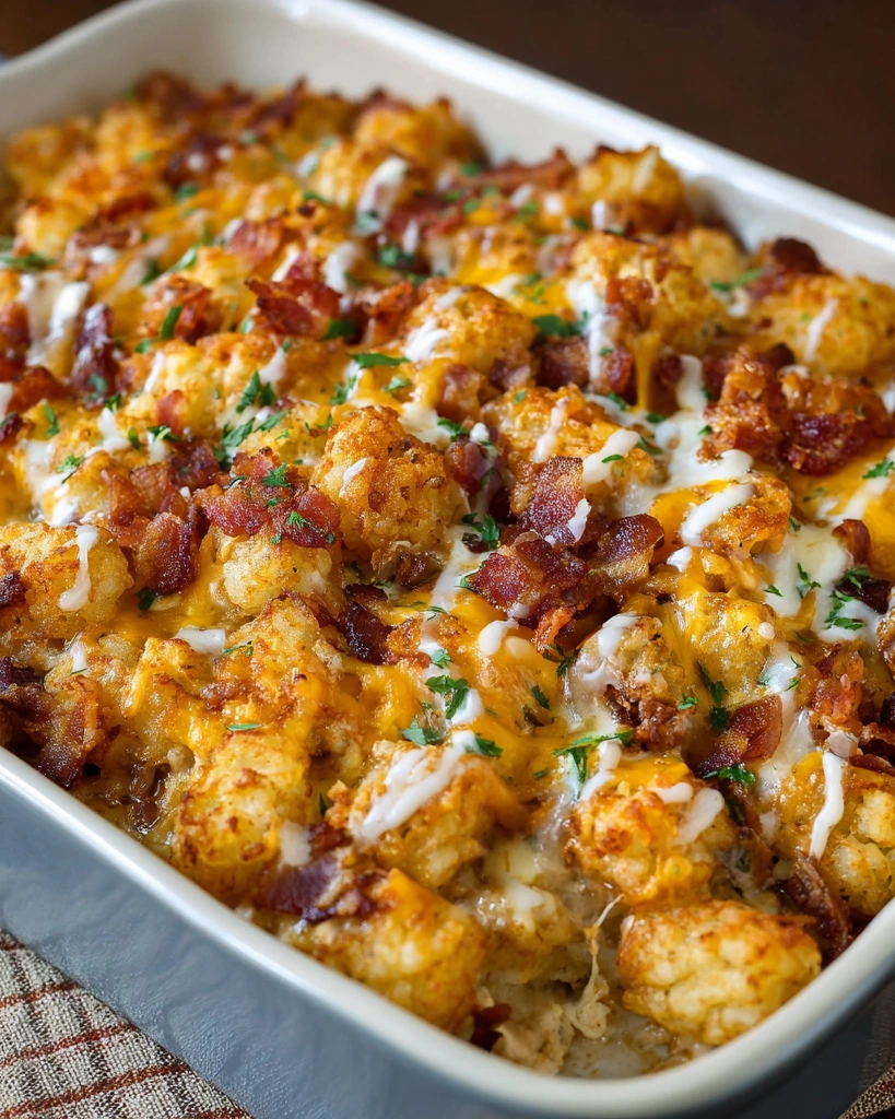 A dish of chicken bacon ranch tater tot casserole.