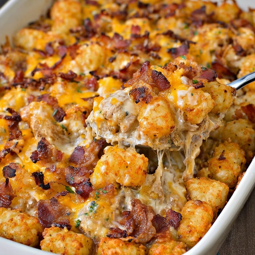 A close up of a delicious chicken bacon ranch tater tot casserole.