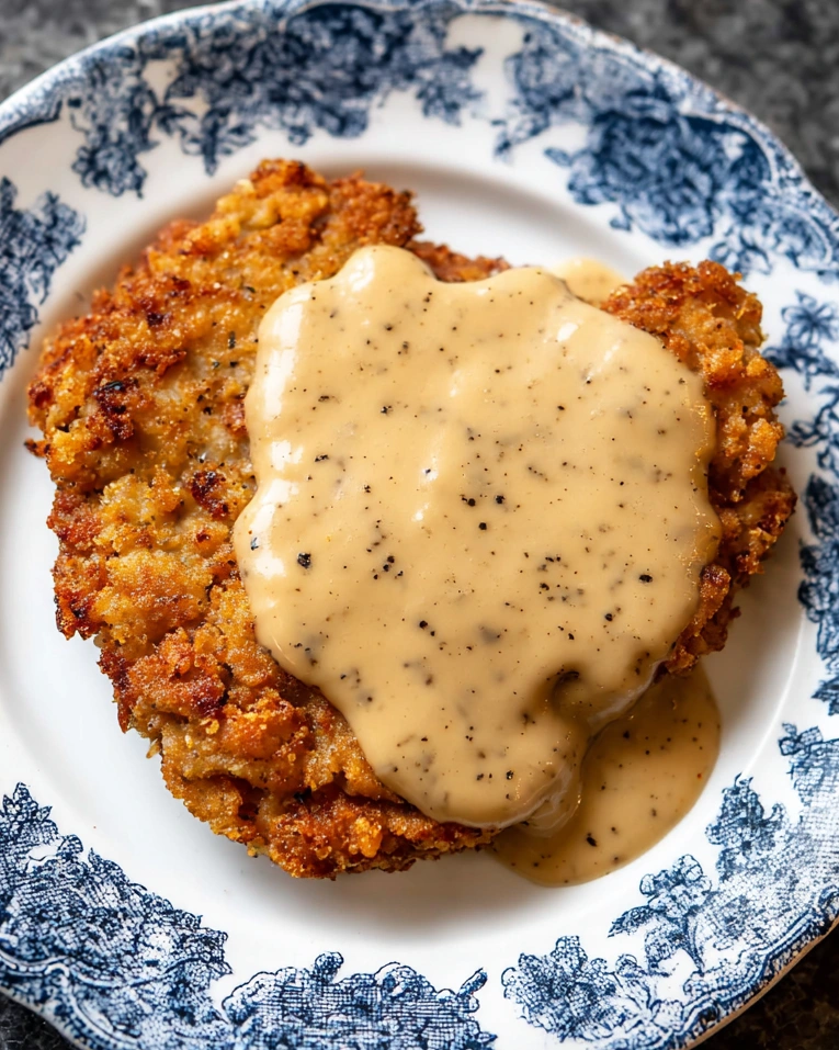 A piece of chicken fried steak with gravy on a plate.