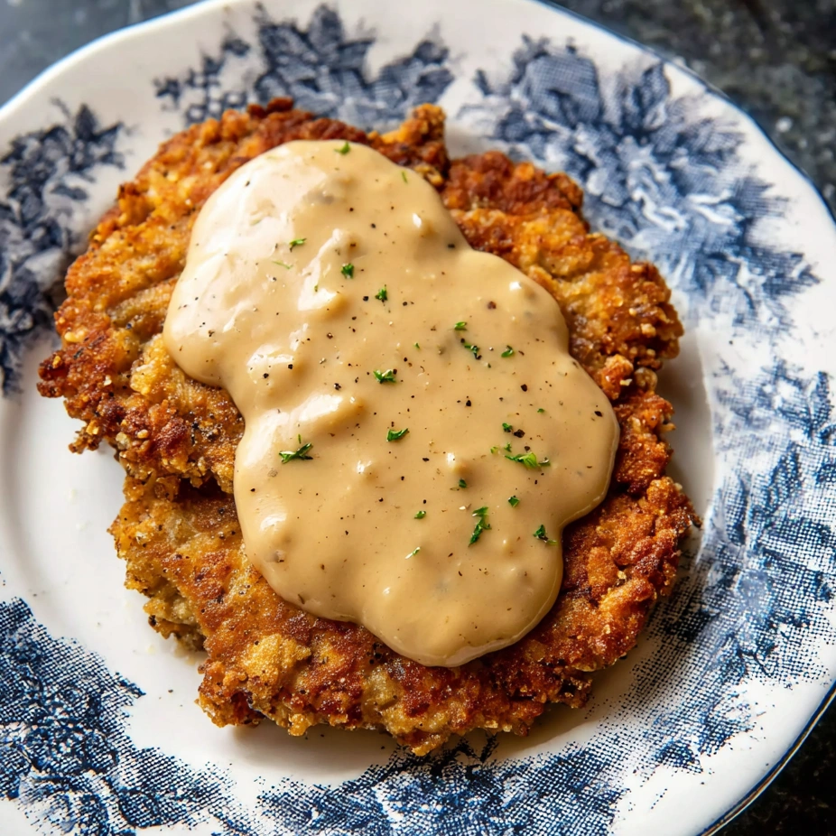 A plate of chicken fried steak with gravy.