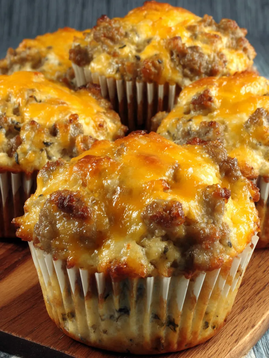Sausage breakfast muffins on a wooden table.