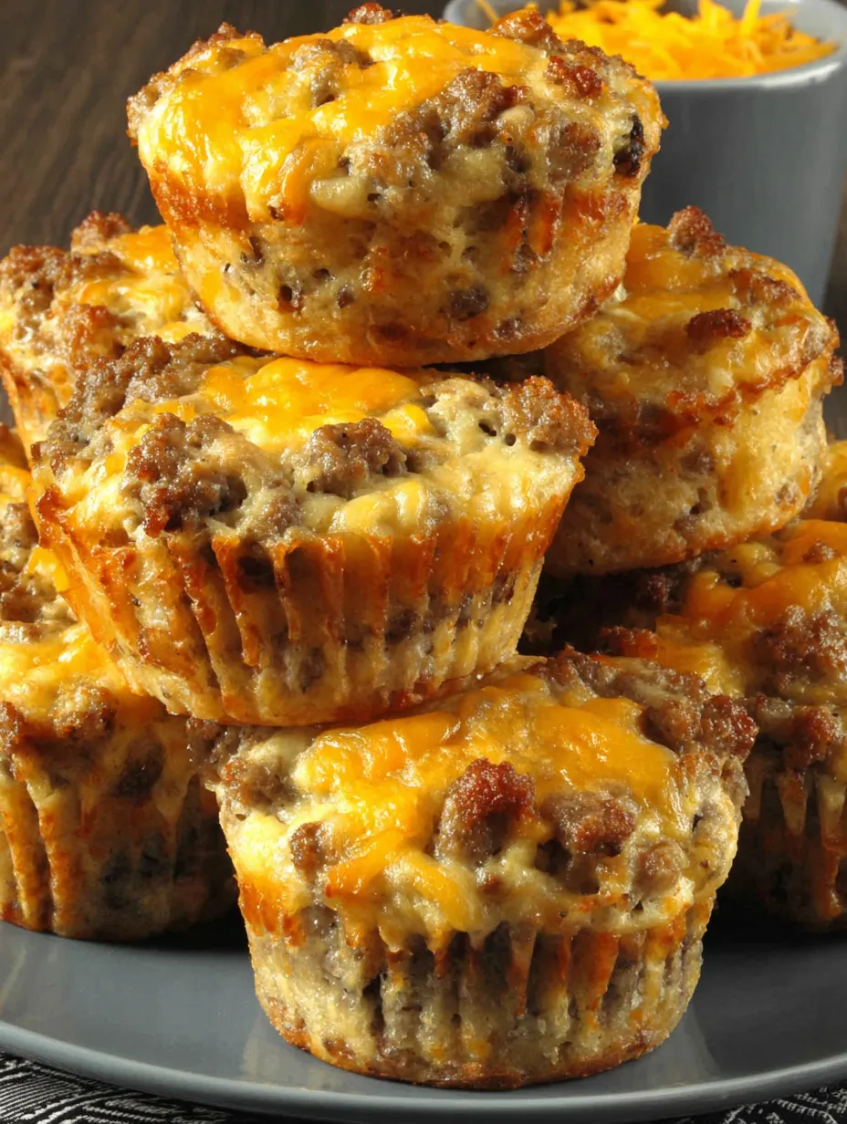 Sausage breakfast muffins stacked on a plate.