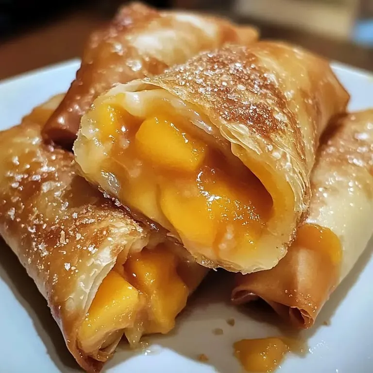 Peach cheesecake rolls on a plate.