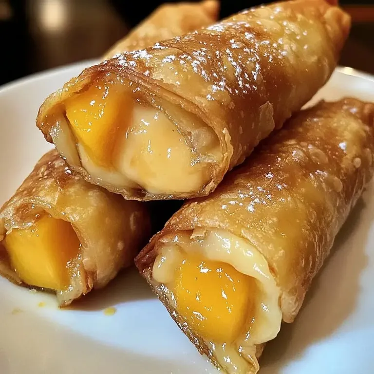 Peach cheesecake rolls on a plate.