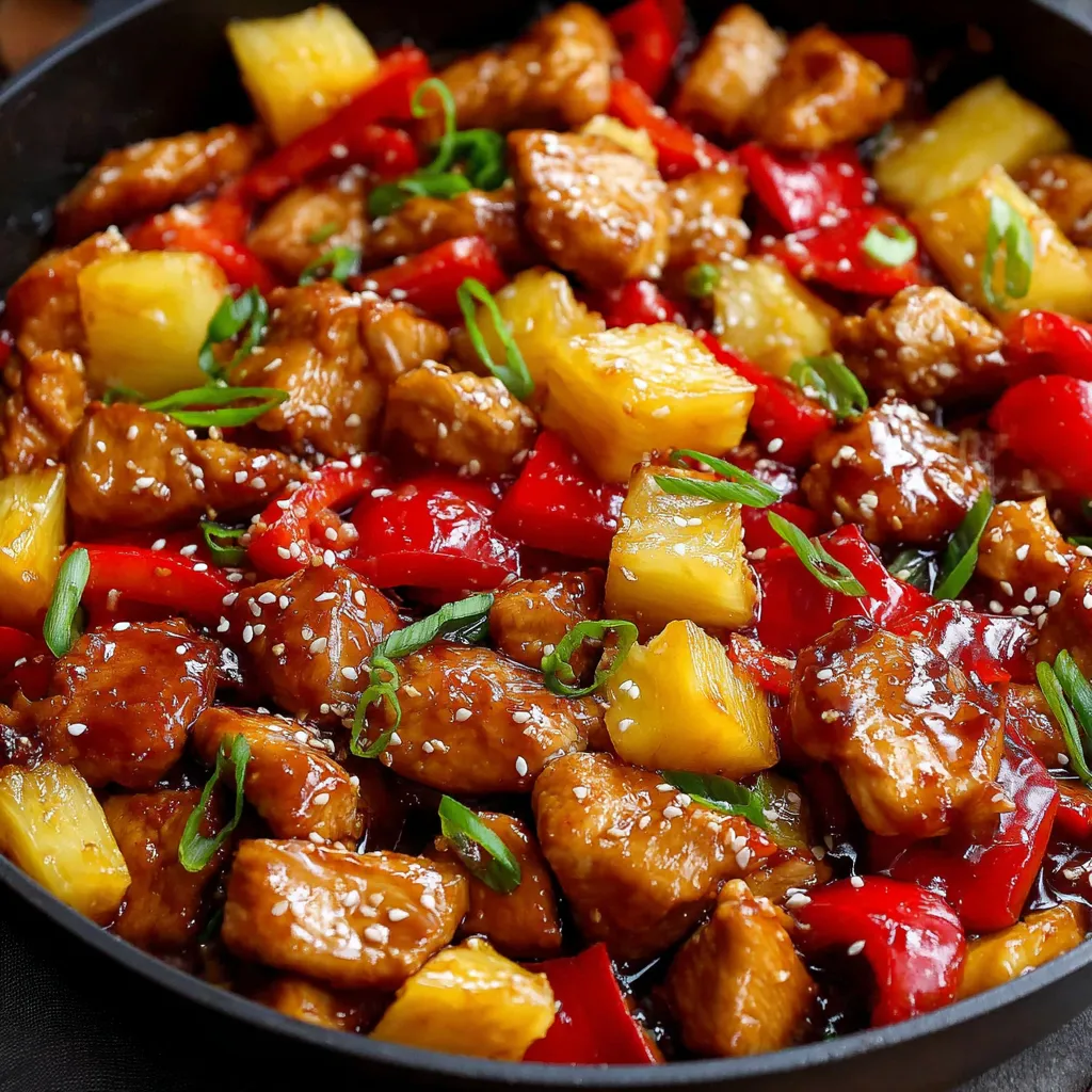 A stir fry with chicken, pineapple, and red peppers.