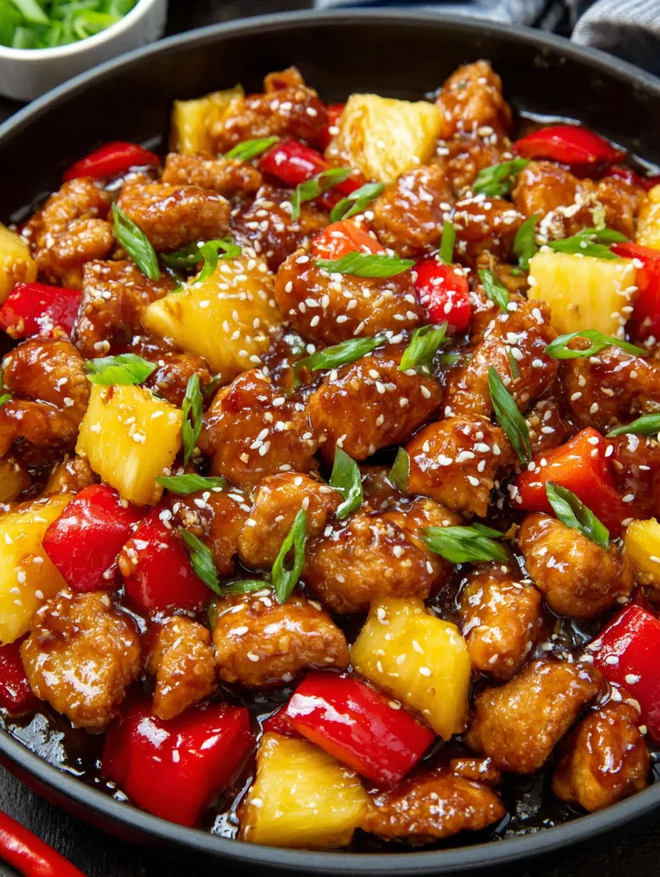 A delicious stir fry with chicken, pineapple, and red peppers.