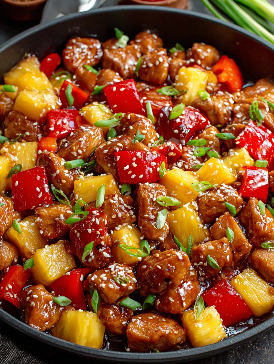 A stir fry with chicken, pineapple, and red peppers.