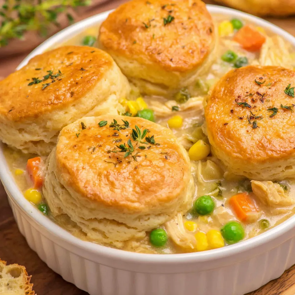 A white bowl filled with chicken pot pie.