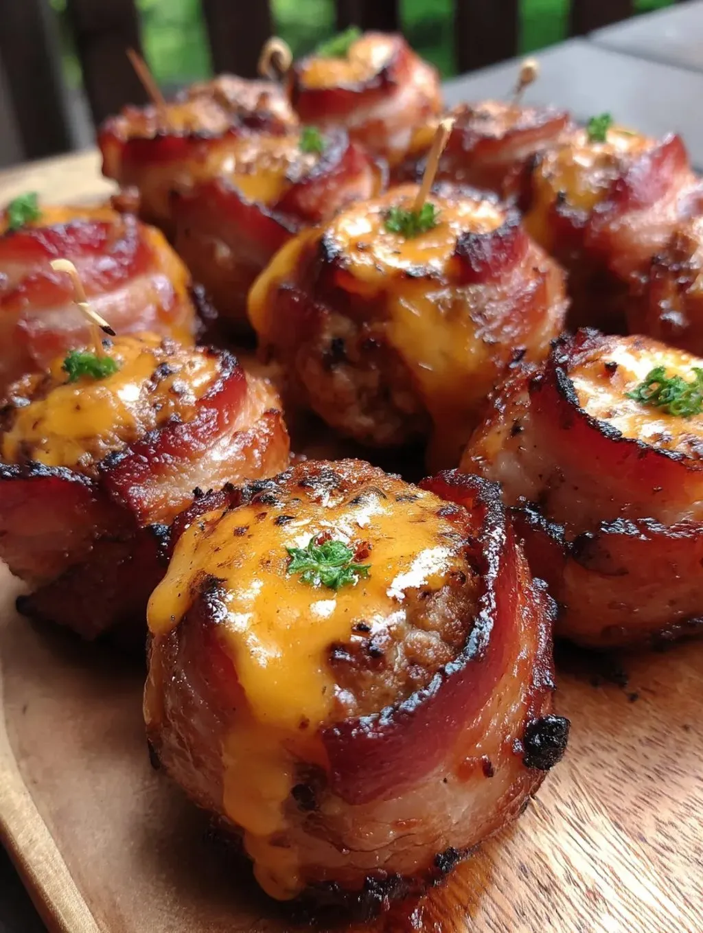 Cheddar-stuffed BBQ bacon bombs on a wooden table.