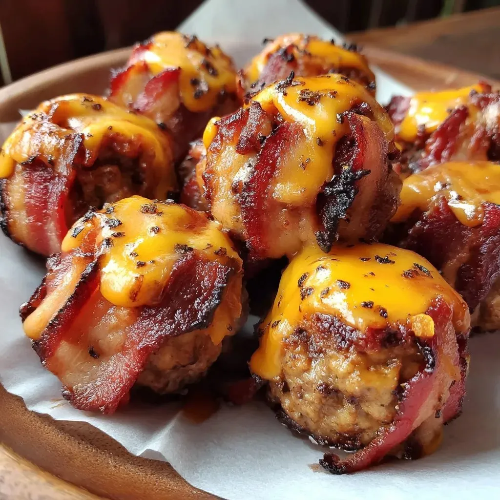 A plate of bacon wrapped meatballs with cheese.