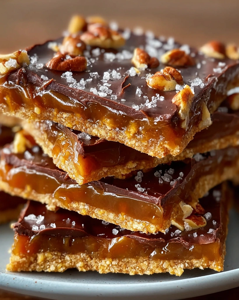 A stack of toffee bars with nuts on top.