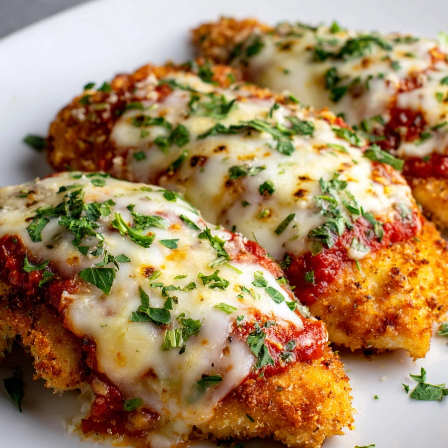 A plate of oven baked chicken parmesan.