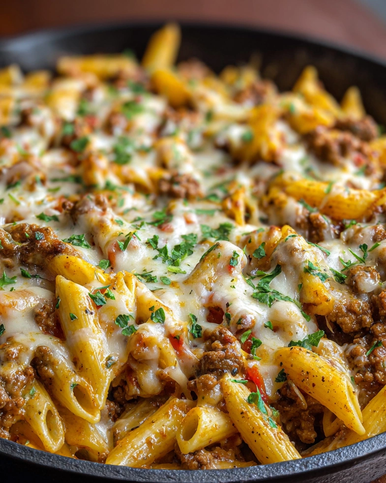 A skillet of pasta with ground beef and cheese.