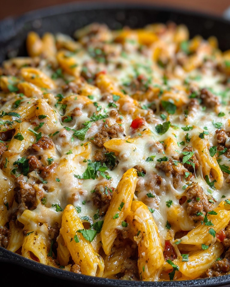 A delicious cheesy ground beef pasta skillet.