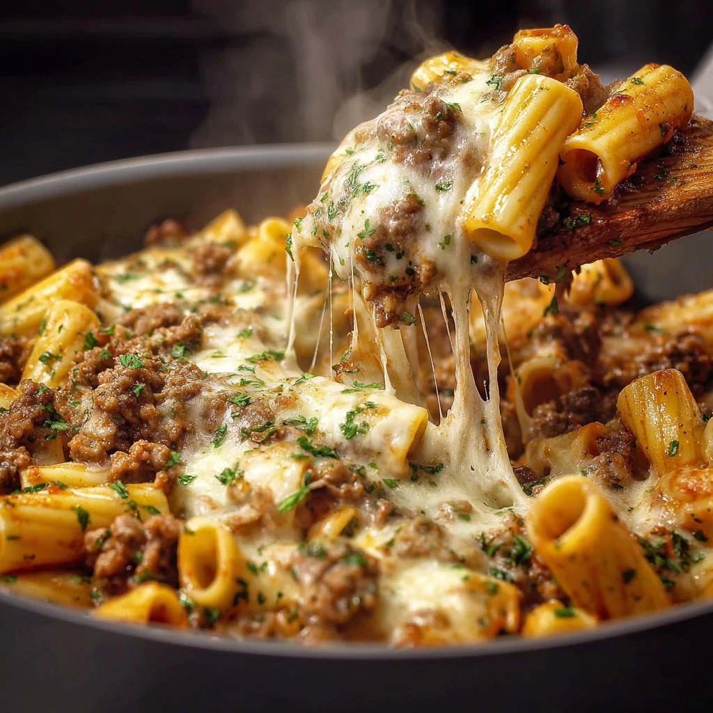 A skillet of cheesy ground beef pasta.
