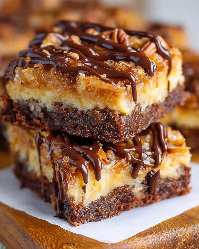 German chocolate brownies with chocolate drizzle.
