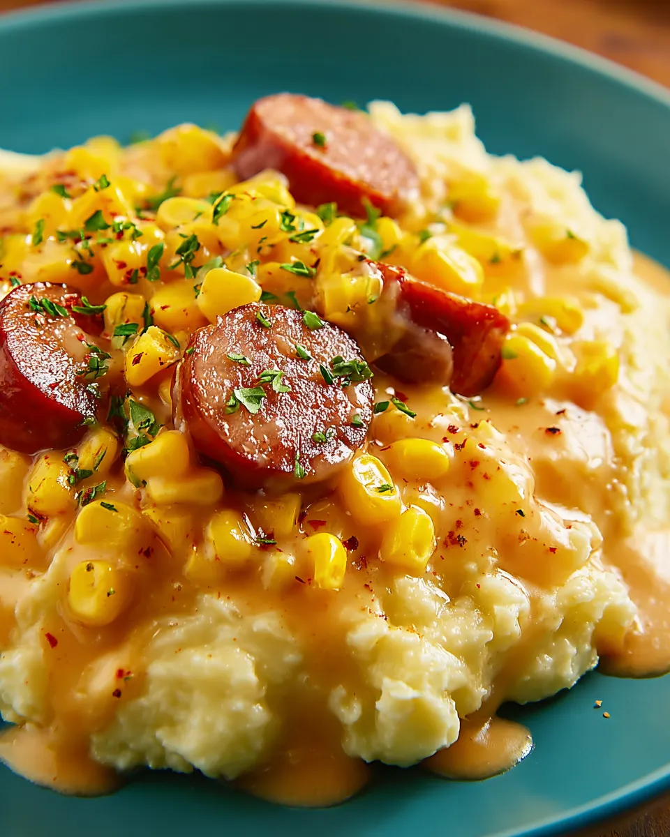 A plate of food with sausages, mashed potatoes, and buttered corn.