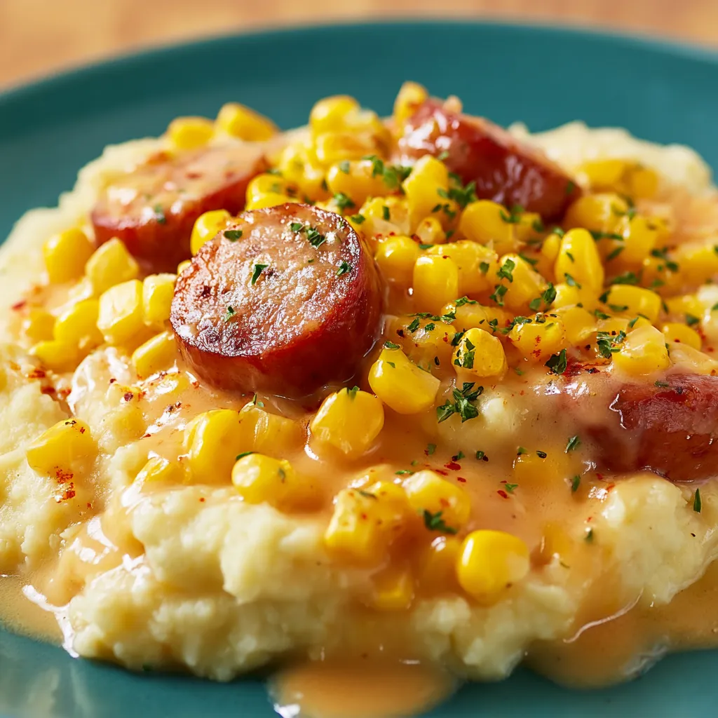 A plate of food with sausages, mashed potatoes, and buttered corn.