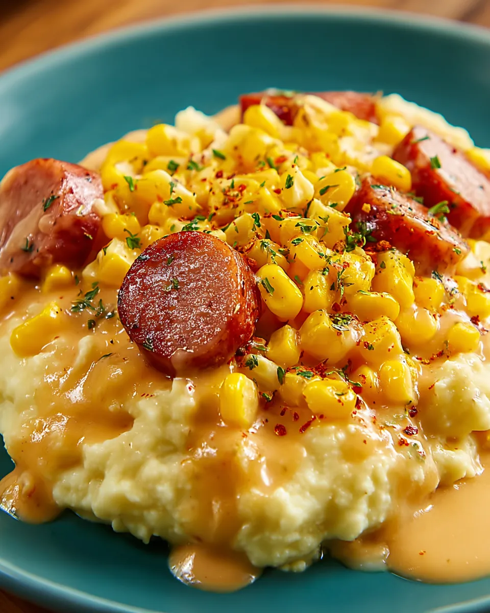 A plate of sausages, mashed potatoes, and buttered corn.