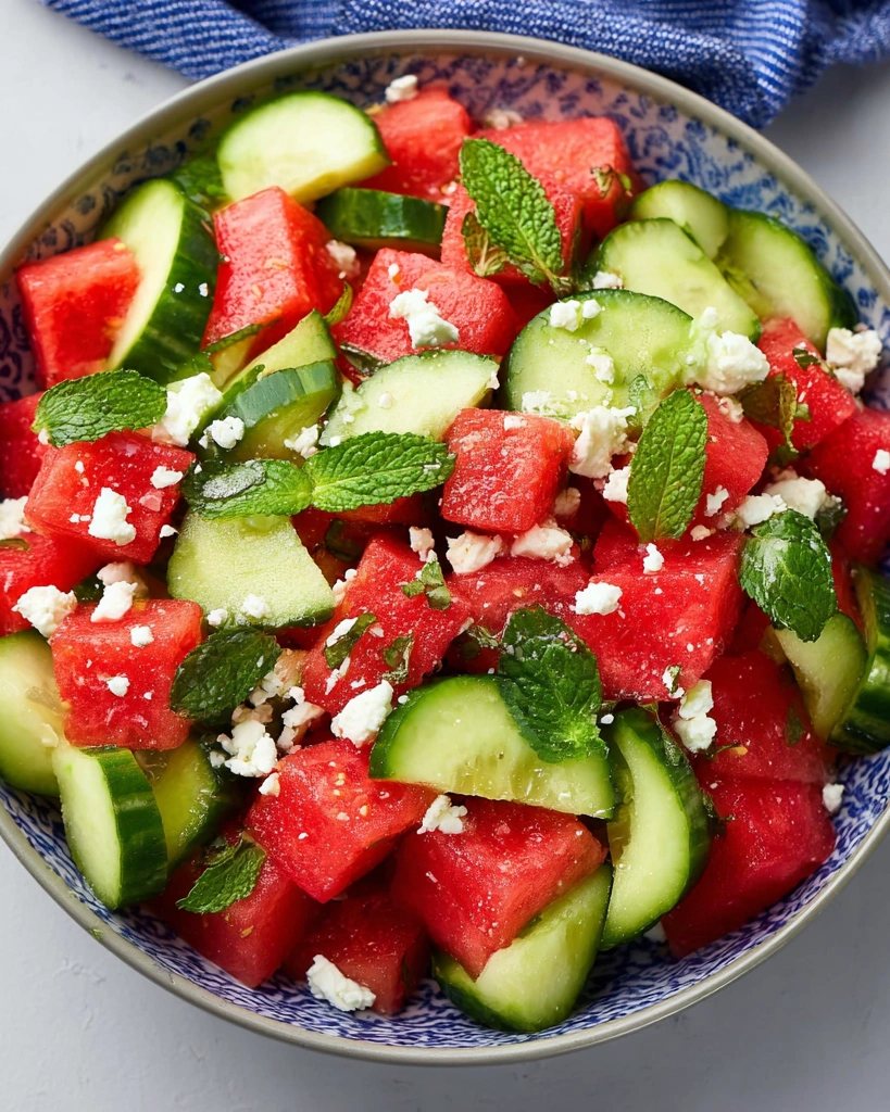 A bowl of watermelon salad with feta and cucumber.