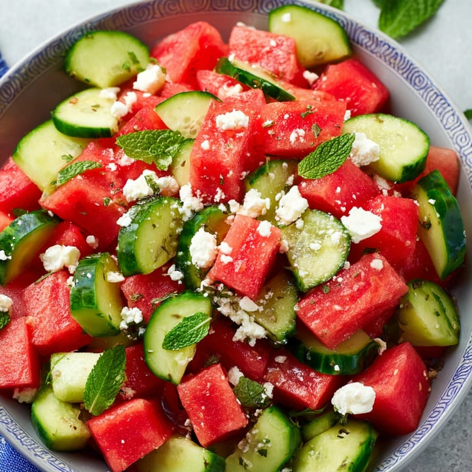 A bowl of watermelon salad with feta and cucumber.