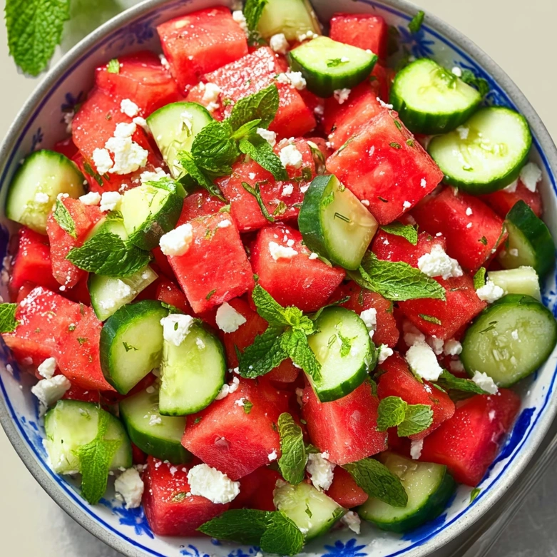 A bowl of watermelon salad with feta and cucumber.